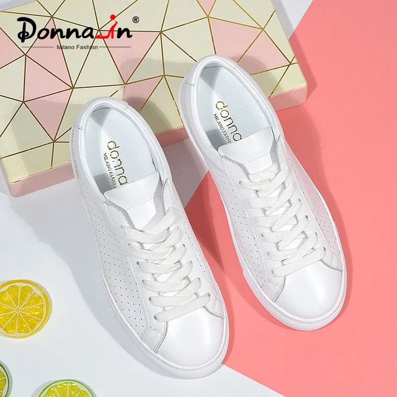 Donna-in Breathable Genuine Leather White Sneakers Women Hollow Spring Summer 2020 Casual Flat Women Shoes Low Heel Comfortable